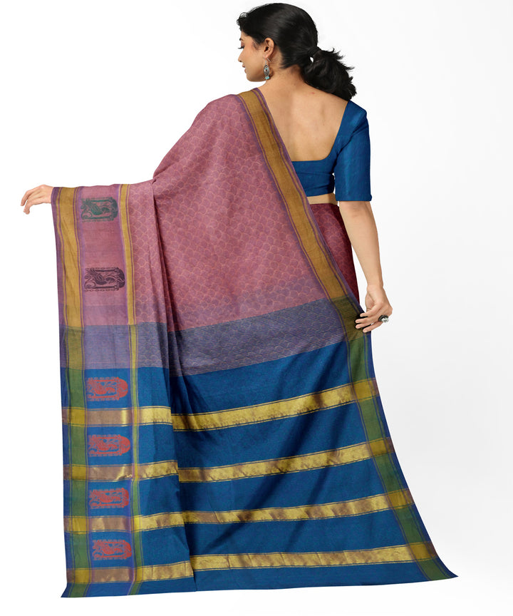 Light maroon blue cotton handwoven rajahmundry saree