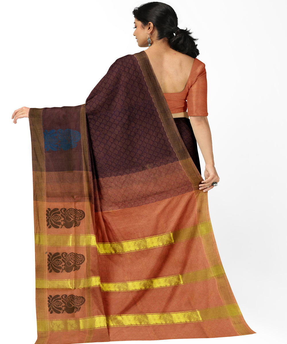 Brown peach cotton handwoven rajahmundry saree