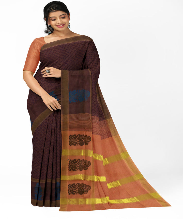 Brown peach cotton handwoven rajahmundry saree