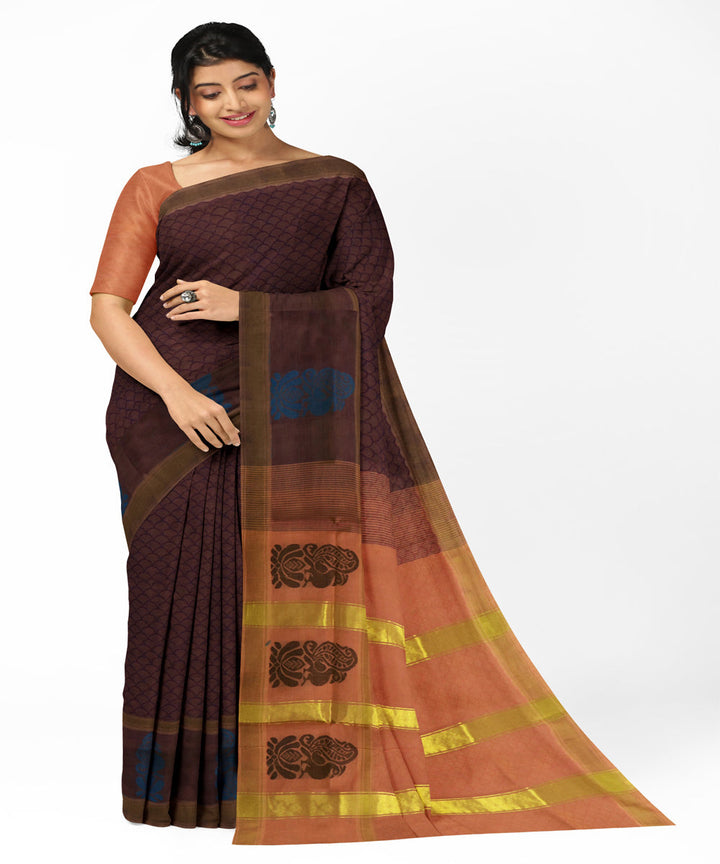 Brown peach cotton handwoven rajahmundry saree