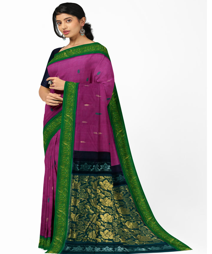 Pink green cotton handwoven rajahmundry saree