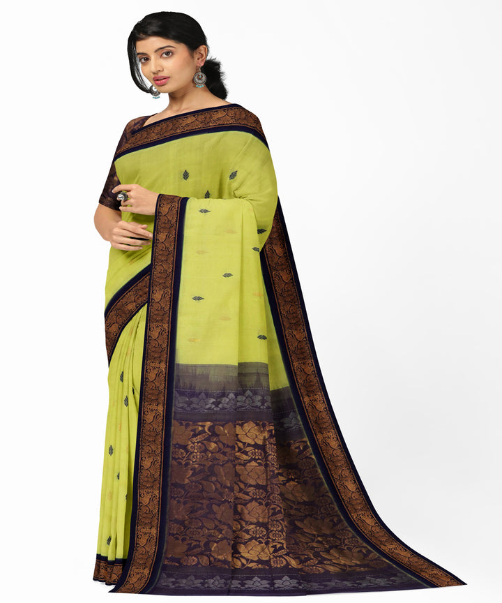 Yellow navy blue cotton handwoven rajahmundry saree