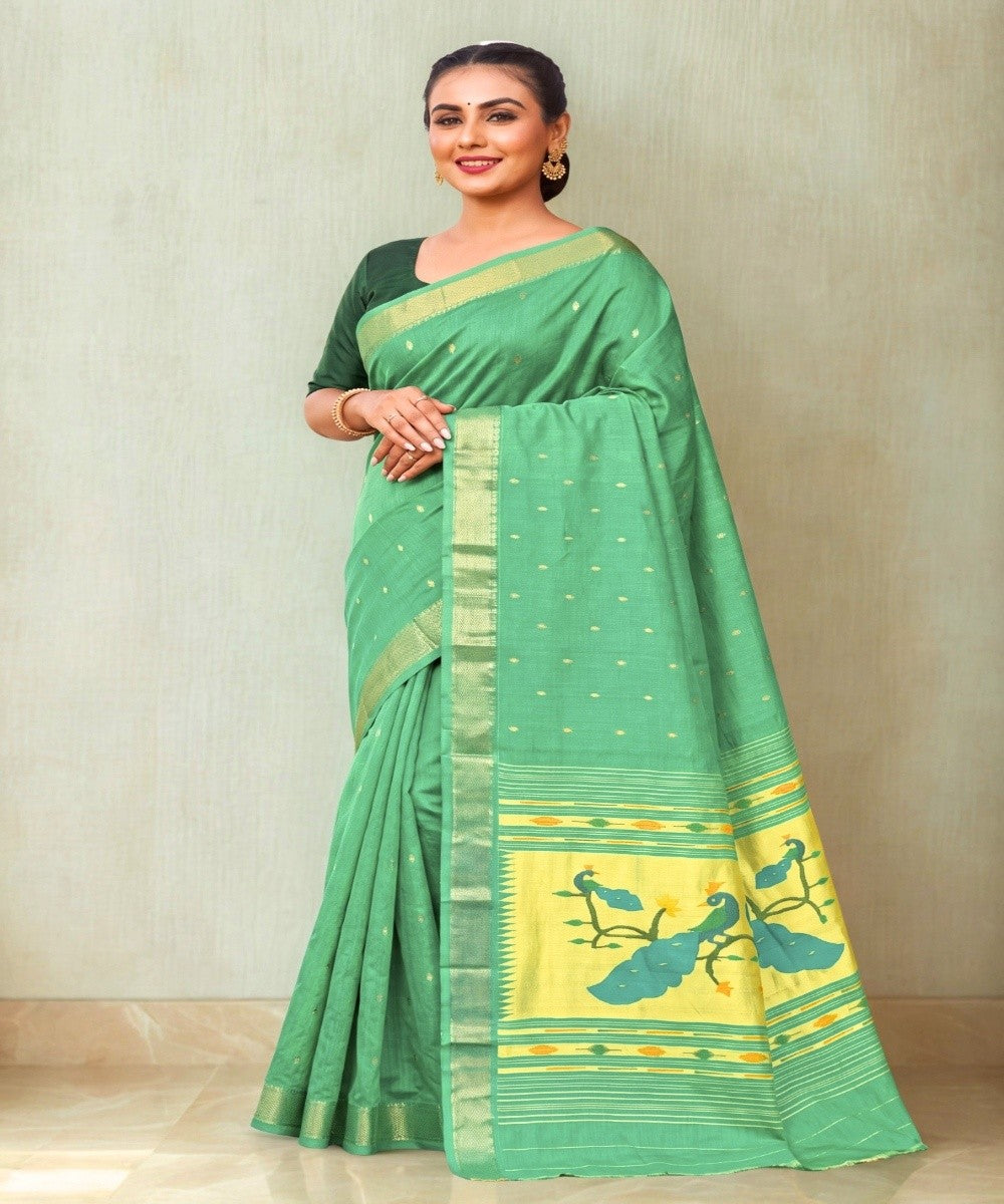 Two tone green rich pallu Cotton Handloom Paithani Saree