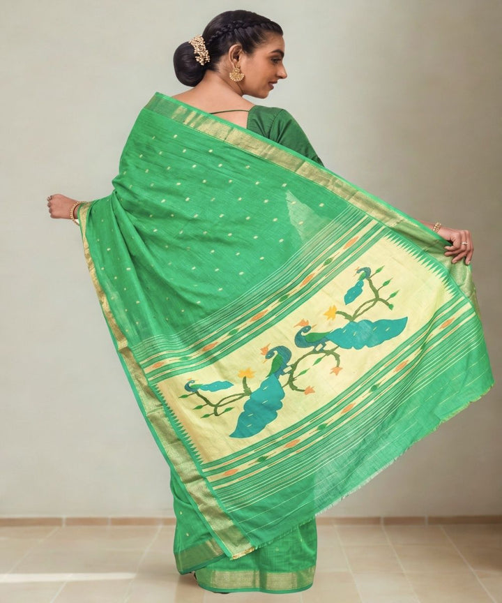 Two tone green rich pallu Cotton Handloom Paithani Saree