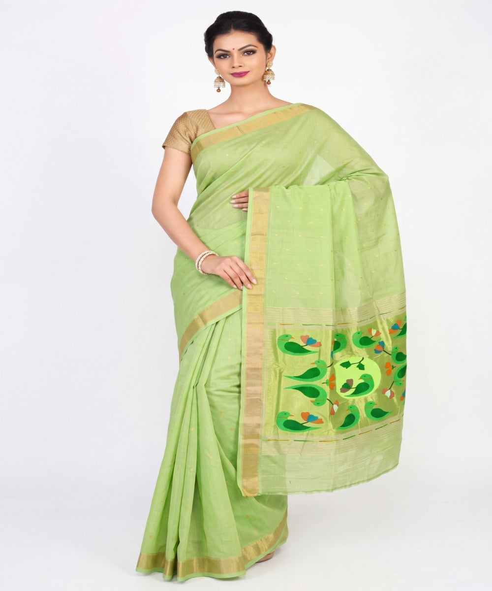 Pista Green Cotton Handloom Paithani Saree