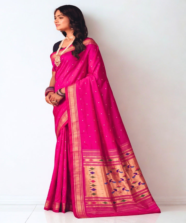 Pink golden Silk Handloom Paithani Saree