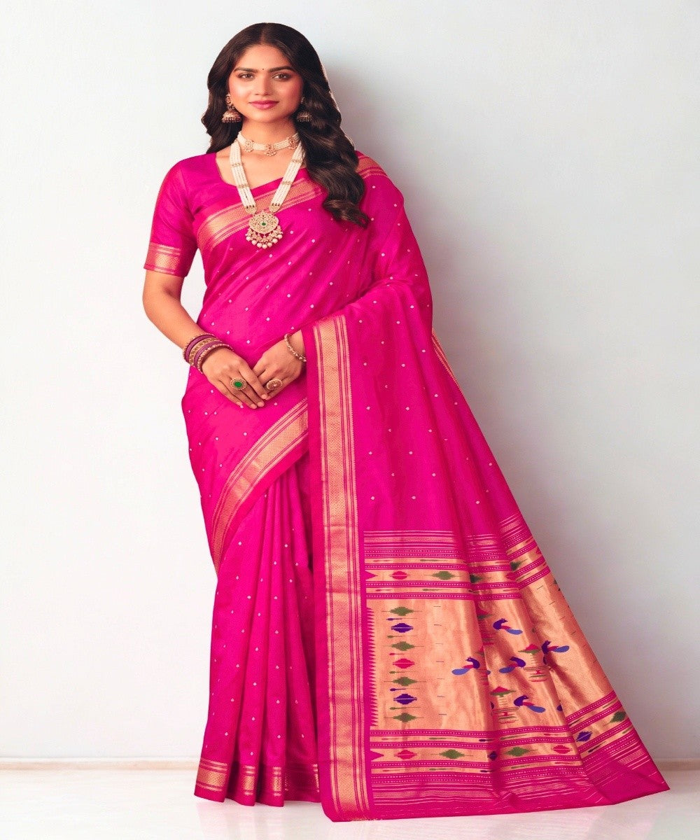Pink golden Silk Handloom Paithani Saree