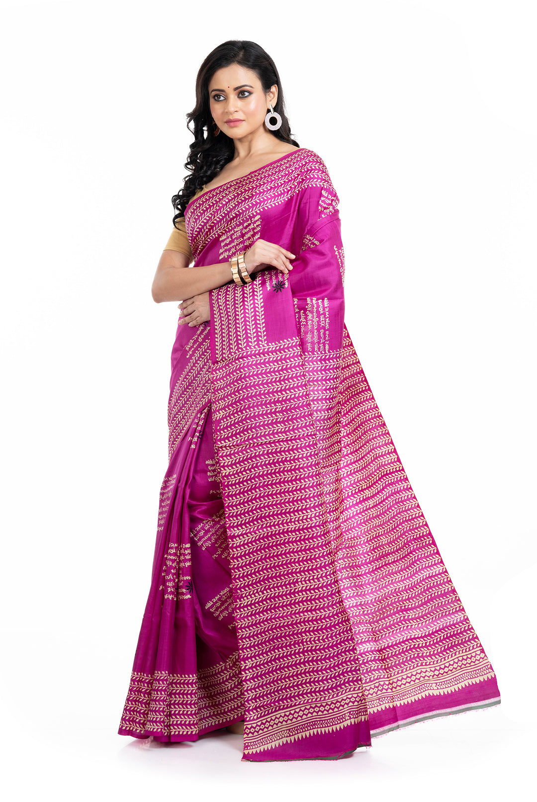 Tantuja Pink Block Print Silk Saree
