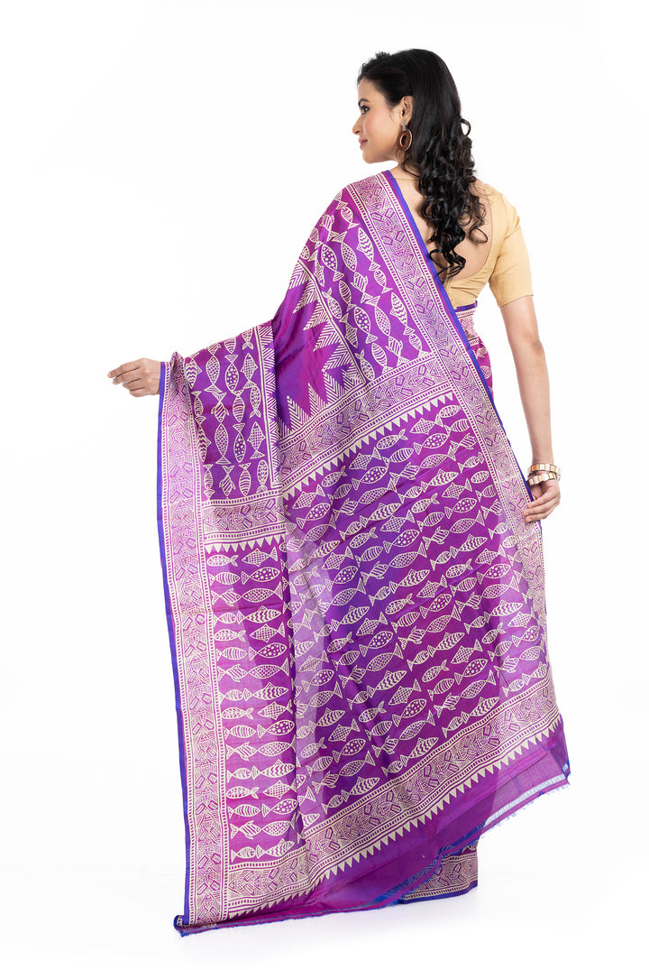 Tantuja Purple Block Print Silk Saree