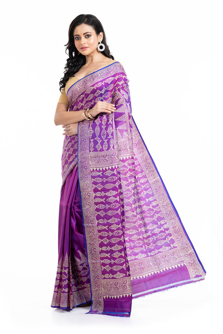 Tantuja Purple Block Print Silk Saree