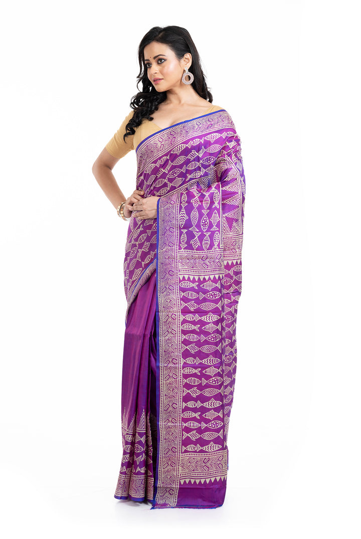 Tantuja Purple Block Print Silk Saree