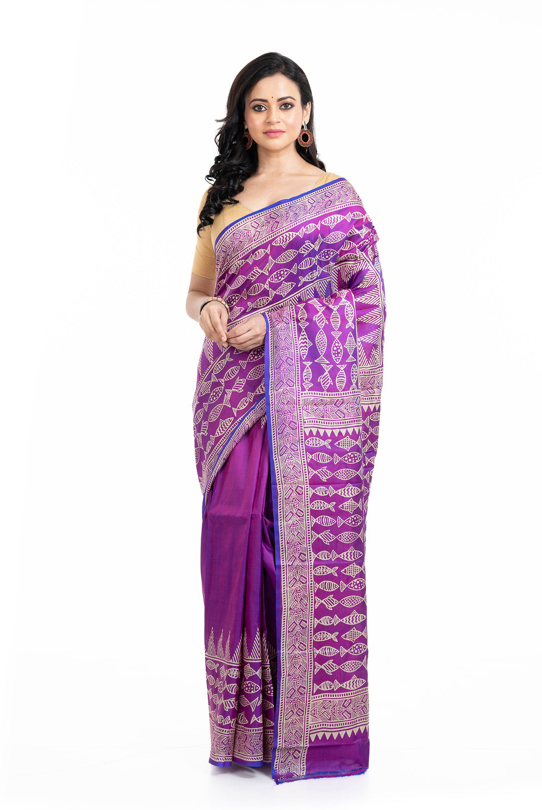 Tantuja Purple Block Print Silk Saree