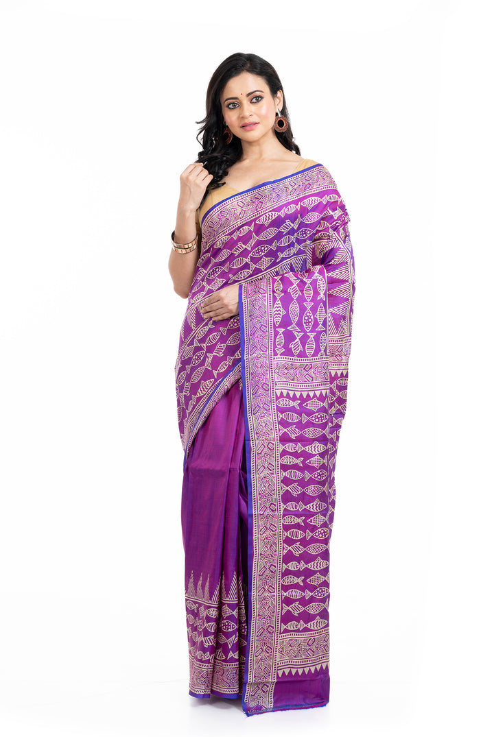 Tantuja Purple Block Print Silk Saree