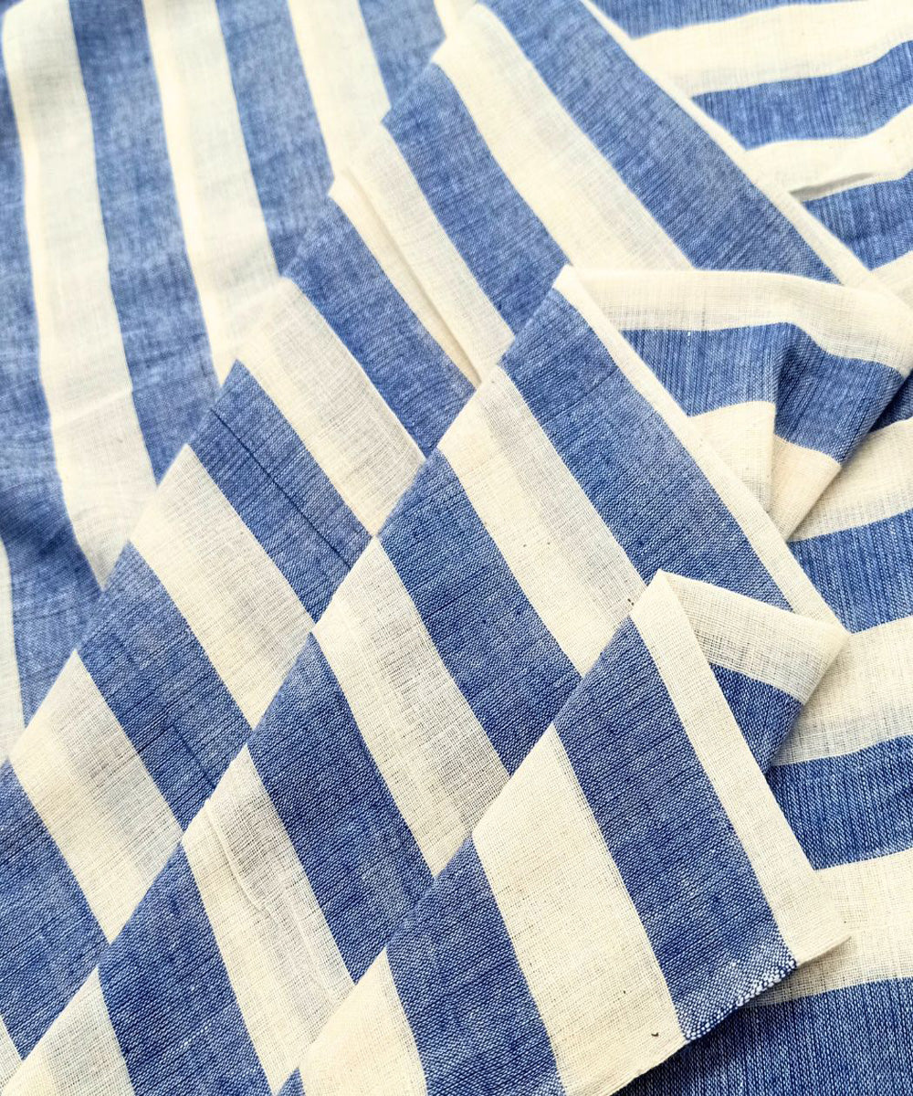 White blue stripe handwoven cotton fabric