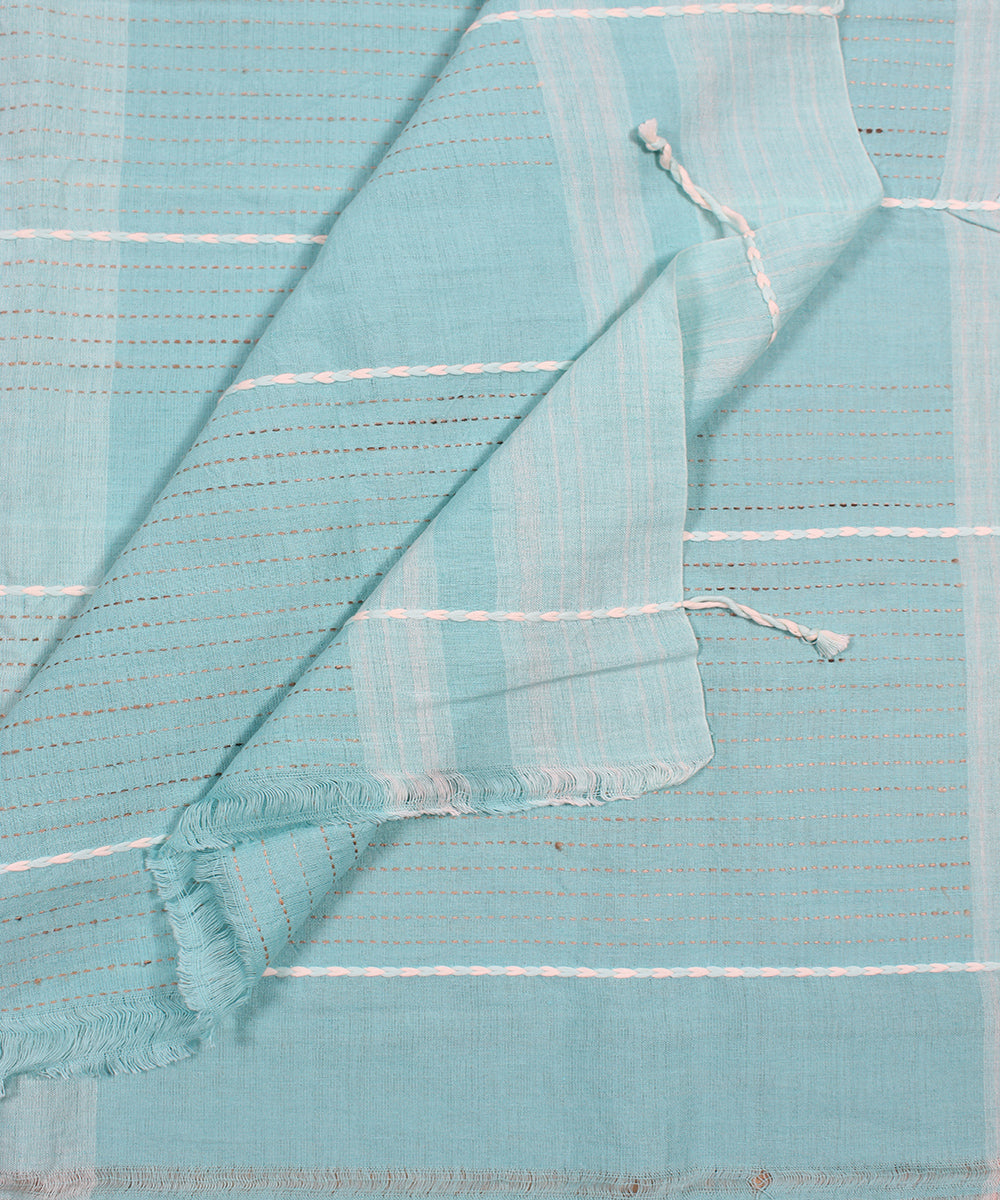 Sky blue extra weft cotton bhuj fabric