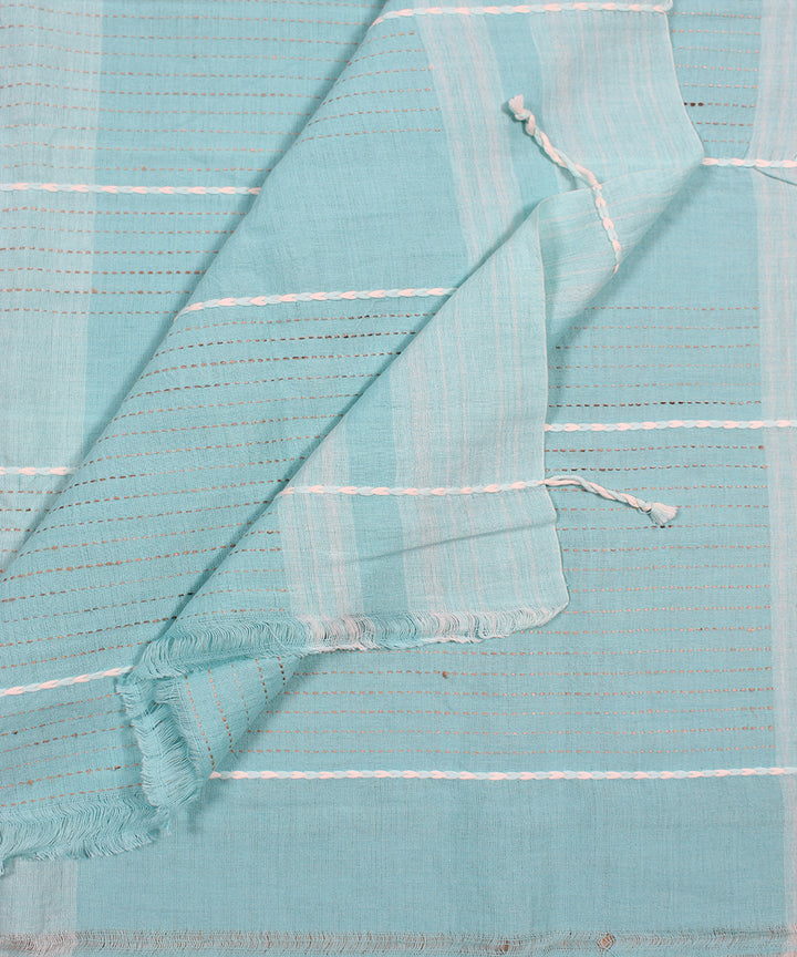 Sky blue extra weft cotton bhuj fabric