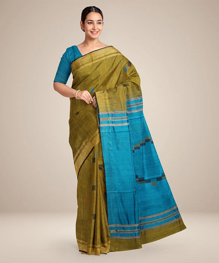 Olive green cyan blue raw silk handwoven bhagalpur saree