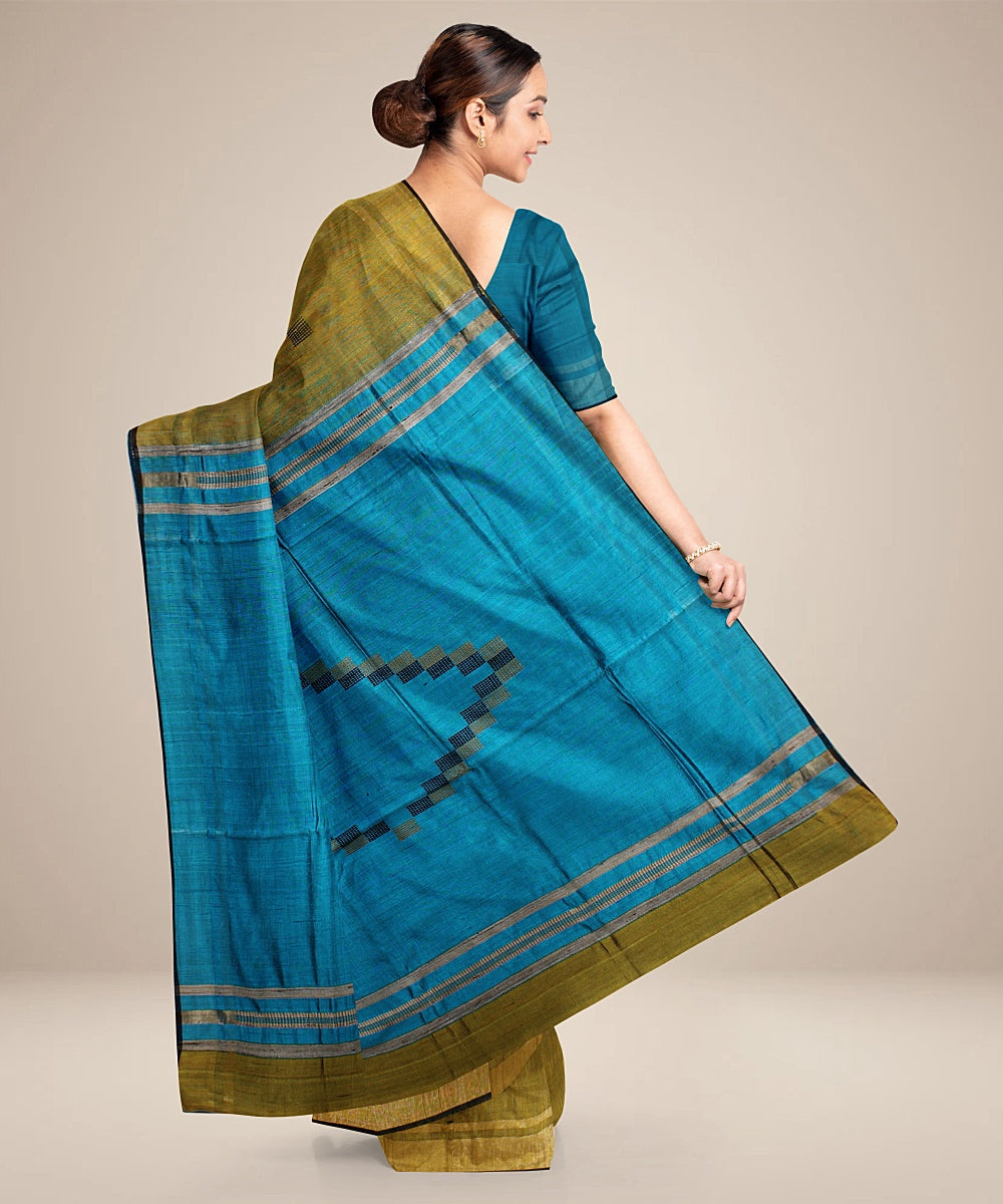 Olive green cyan blue raw silk handwoven bhagalpur saree