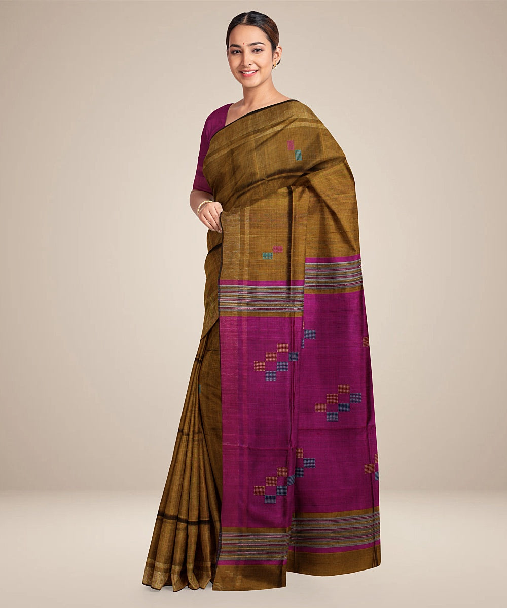 Brown purple handwoven raw silk bhagalpur saree