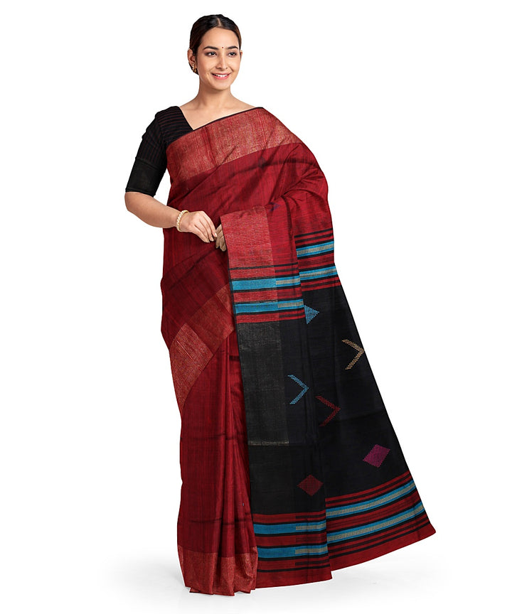 Maroon black handloom raw silk bhagalpur saree