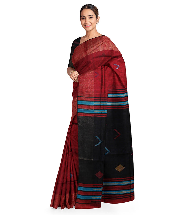 Maroon black handloom raw silk bhagalpur saree