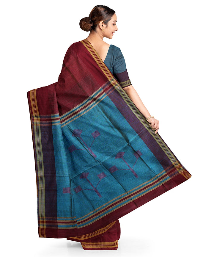 Maroon cyan blue handwoven raw silk bhagalpur saree