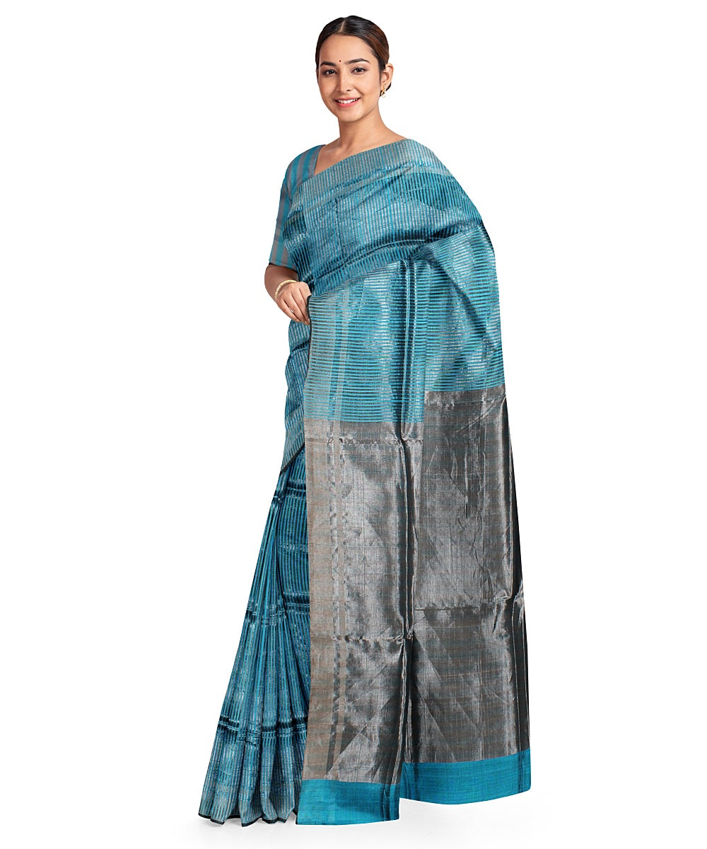 Cyan blue grey handwoven raw silk bhagalpur saree