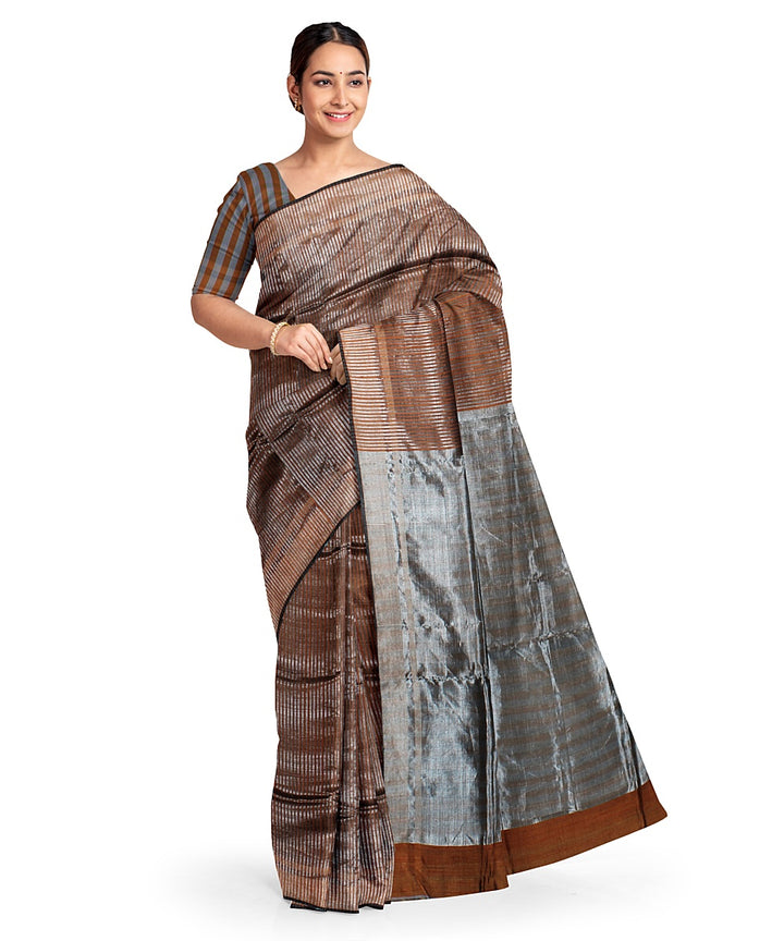 Brown grey handwoven raw silk bhagalpur saree