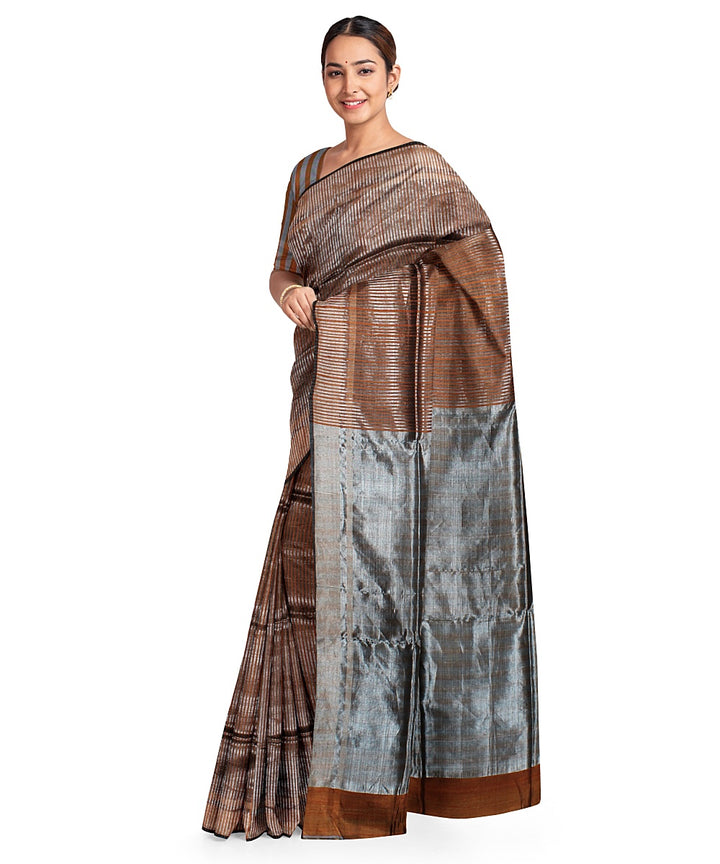 Brown grey handwoven raw silk bhagalpur saree