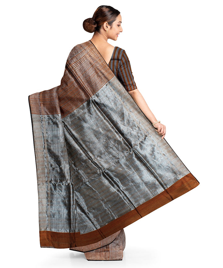 Brown grey handwoven raw silk bhagalpur saree