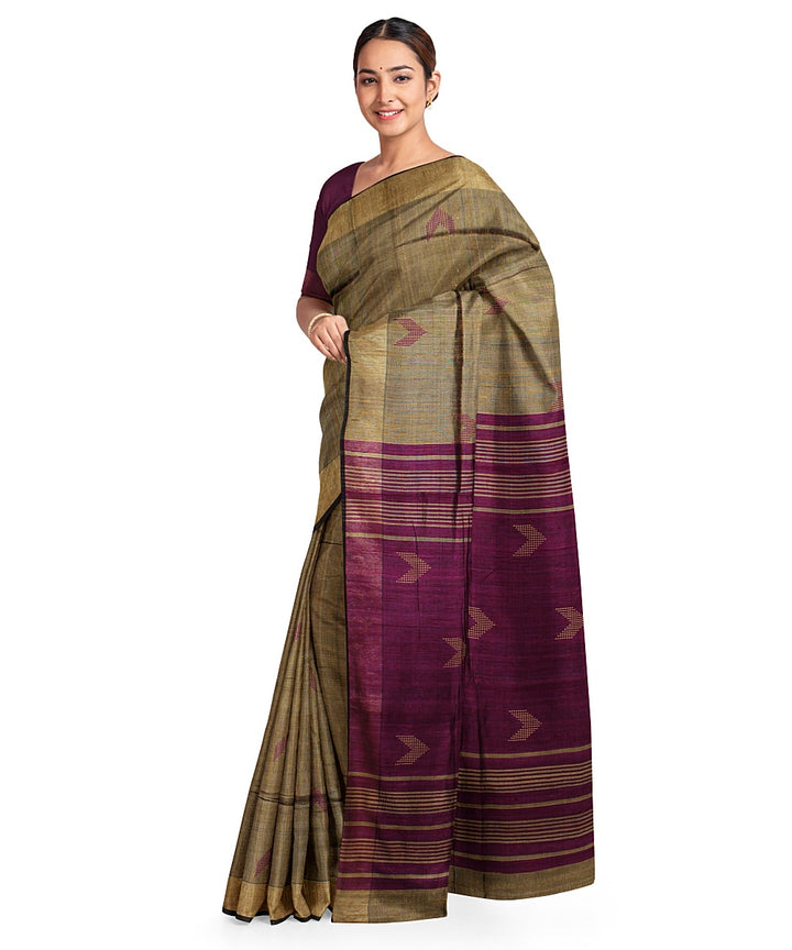 Olive green purple handwoven raw silk bhagalpur saree