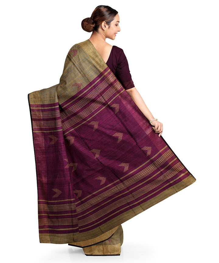 Olive green purple handwoven raw silk bhagalpur saree