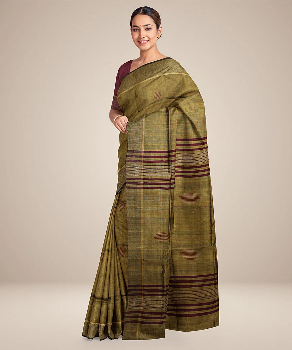 Olive green maroon handwoven raw silk bhagalpur saree