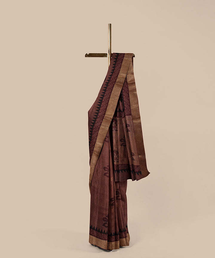 Brown maroon black tussar silk hand printed chattisgarh saree