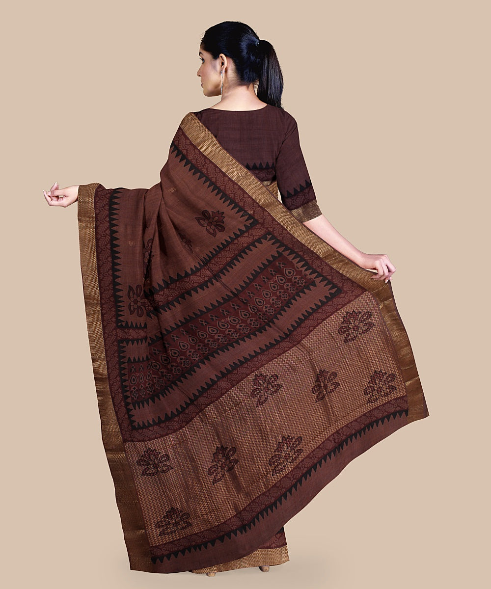 Brown maroon black tussar silk hand printed chattisgarh saree