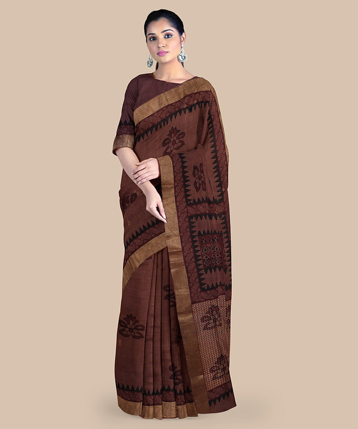 Brown maroon black tussar silk hand printed chattisgarh saree