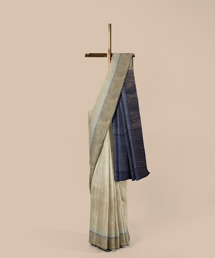 Beige navy blue tussar silk handwoven chattisgarh saree