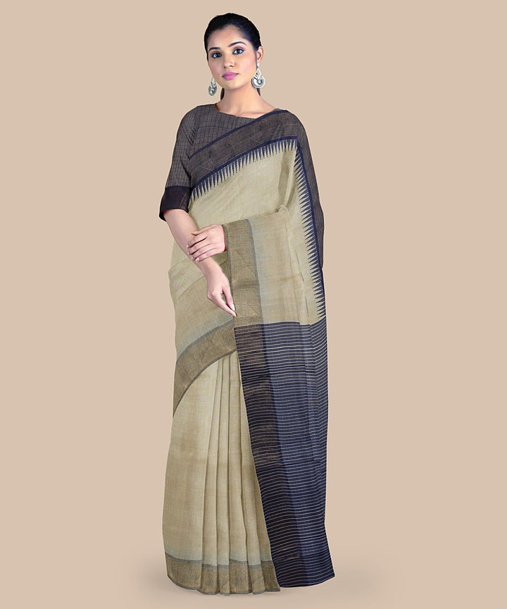 Beige navy blue tussar silk handwoven chattisgarh saree