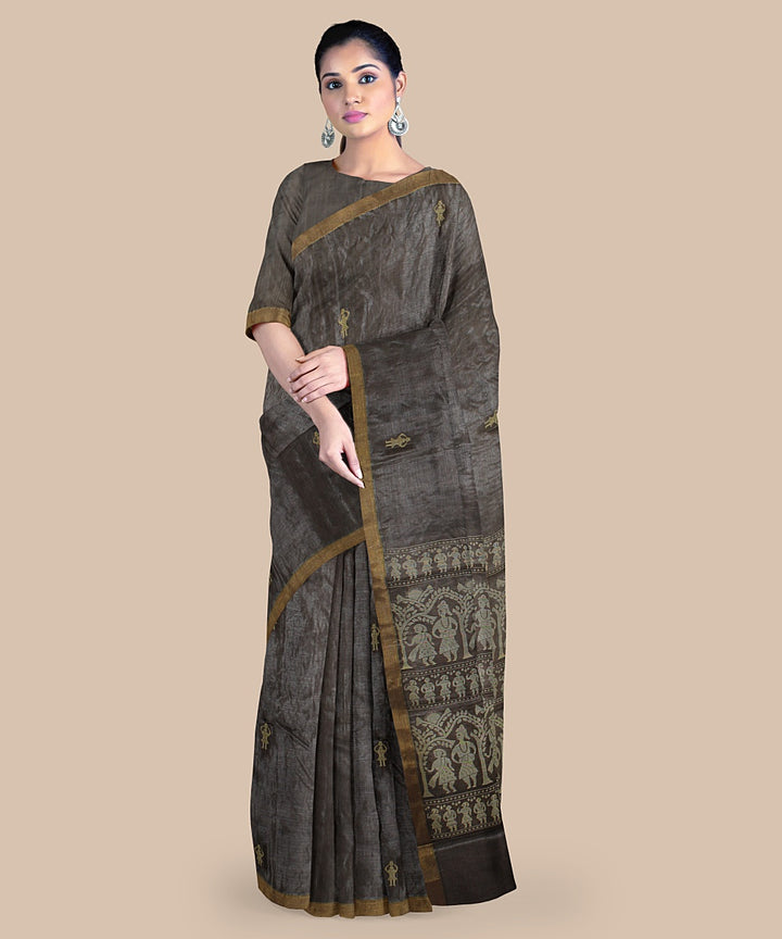 Grey gold zari handwoven chattisgarh tussar silk saree