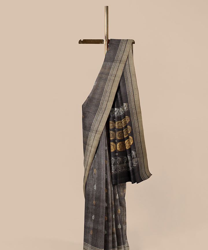 Grey beige gold zari tussar silk handwoven chattisgarh saree