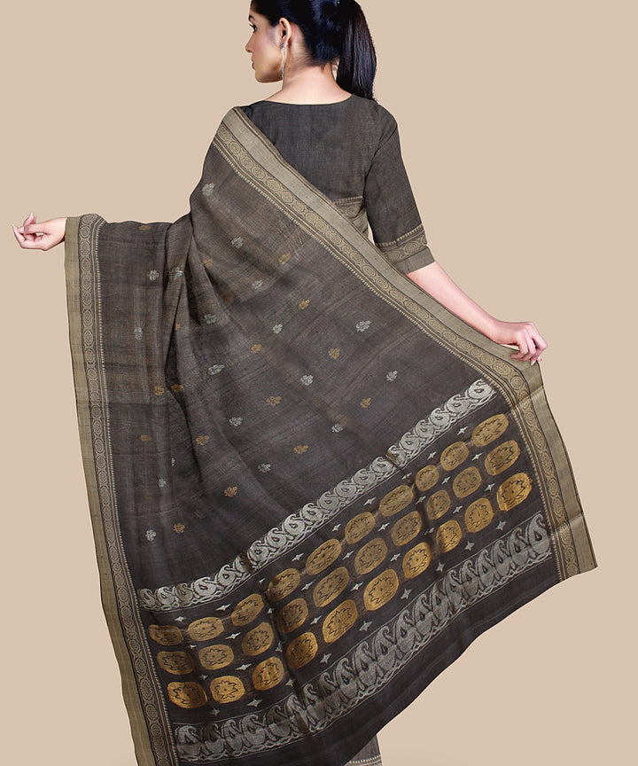 Grey beige gold zari tussar silk handwoven chattisgarh saree