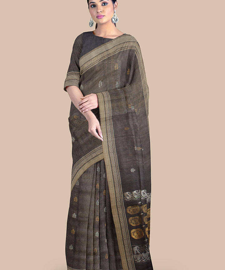 Grey beige gold zari tussar silk handwoven chattisgarh saree