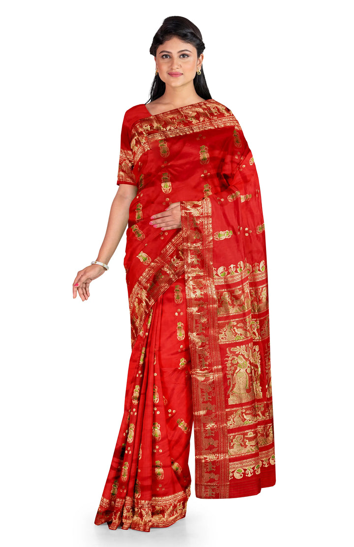 Red mina work handwoven baluchari silk saree