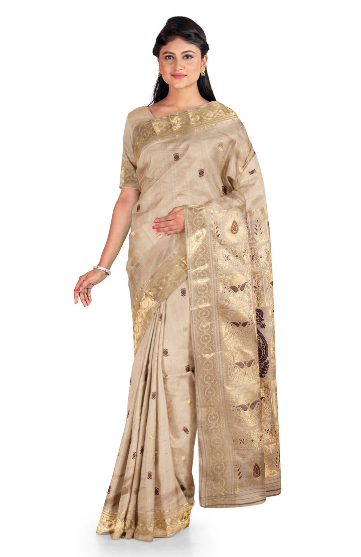 Beige handwoven baluchari tussar silk saree