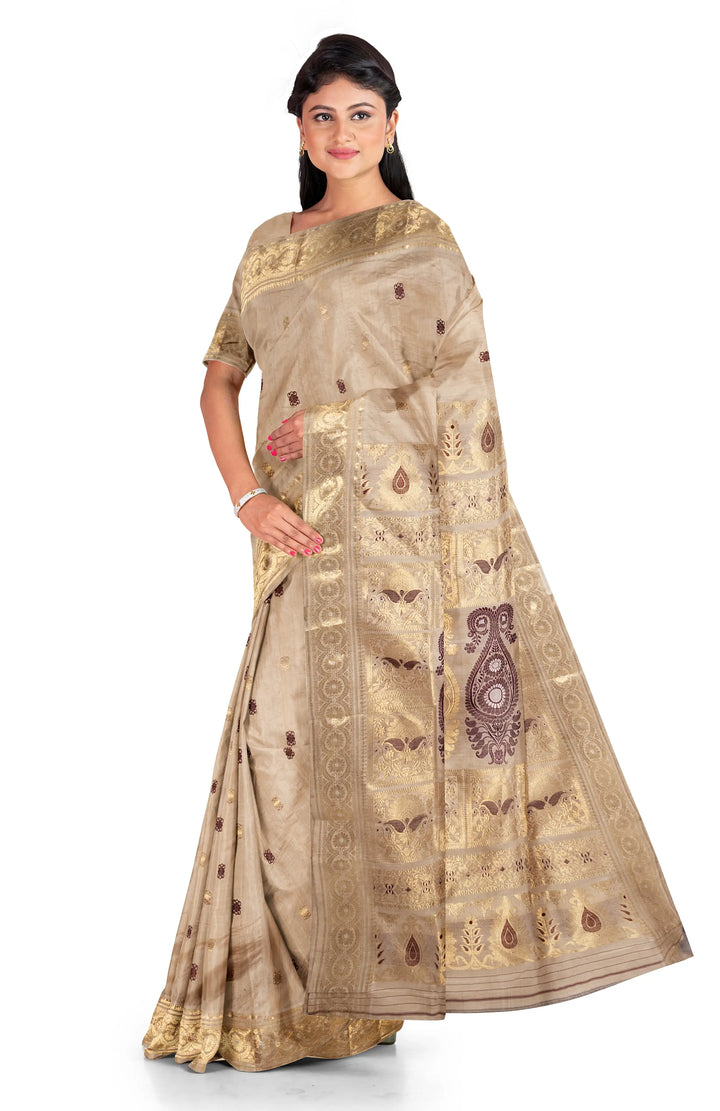 Beige handwoven baluchari tussar silk saree
