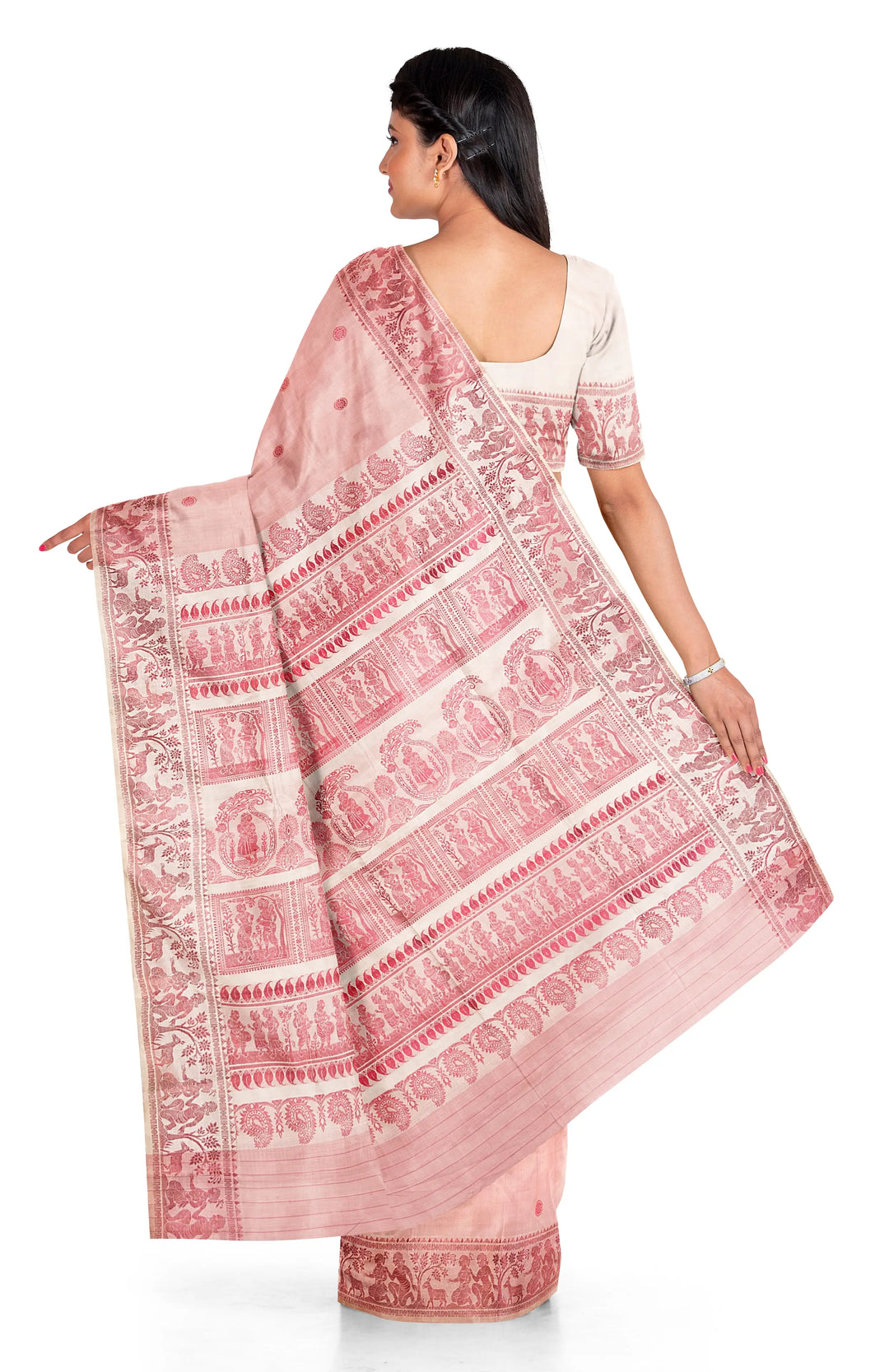 Coral pink handwoven baluchari silk saree
