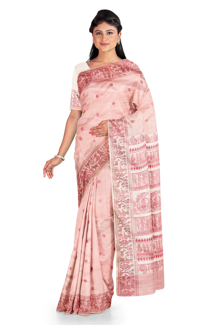 Coral pink handwoven baluchari silk saree