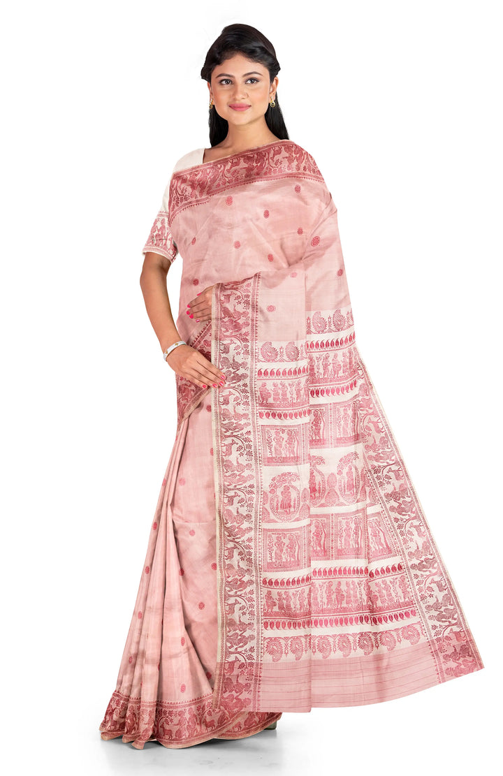 Coral pink handwoven baluchari silk saree
