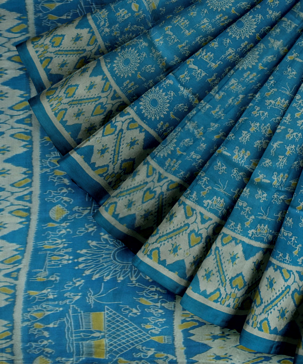 Sky blue off white silk handloom sambalpuri saree
