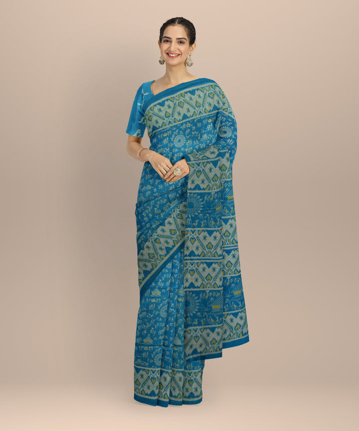 Sky blue off white silk handloom sambalpuri saree